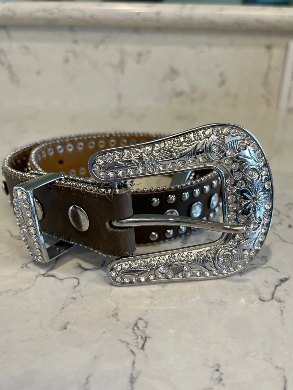 Girls Brown Studded Western Belt with Ornate Silver Buckle